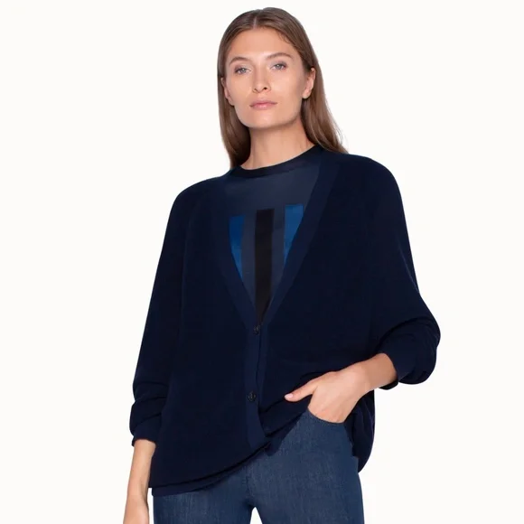 AKRIS Knit Cotton Cardigan Sweater Raglan Sleeves Dark Denim Navy Blue - US 10